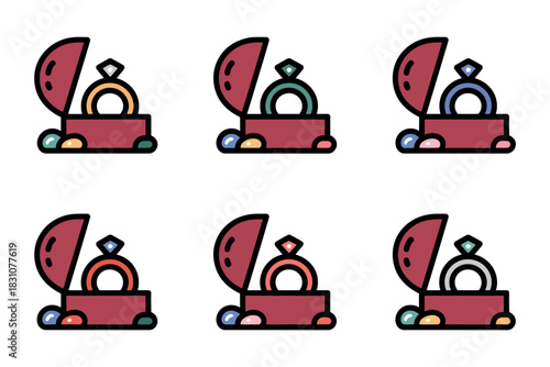 A collection of six colorful engagement rings displayed in individual red jewelry boxes.