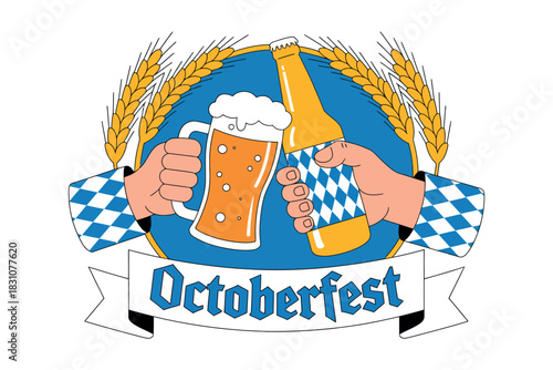 Two hands clink beer mugs and bottles in a festive Oktoberfest celebration.