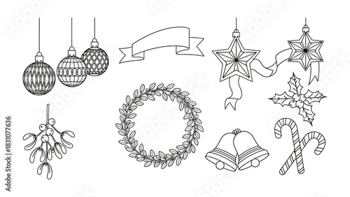 Christmas Ornament Collection: A festive assortment of intricately drawn Christmas ornaments, featuring baubles, stars, a wreath, mistletoe, bells, and candy canes.