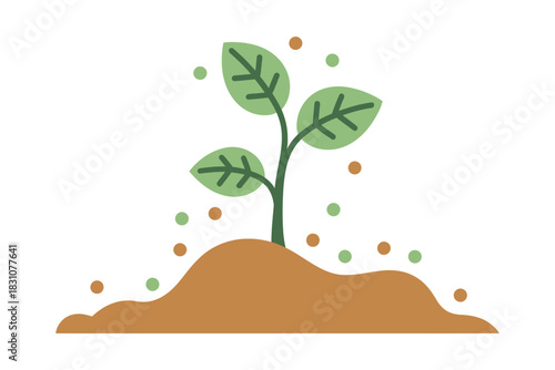 A small green plant sprouts from the soil with tiny colored dots surrounding it.