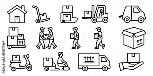 Black outline icons depicting moving and delivery services on a white background