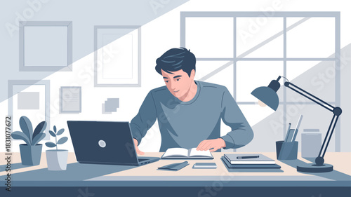 A person is immersed in studying at a desk with a laptop and various objects.