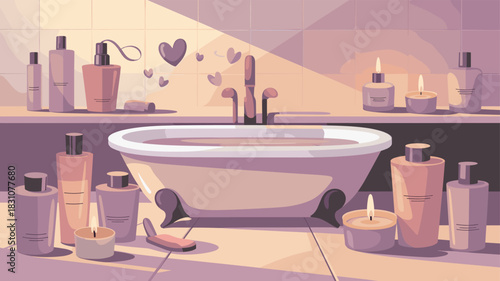 An inviting bathroom scene featuring a bathtub and various toiletries, exuding tranquility.