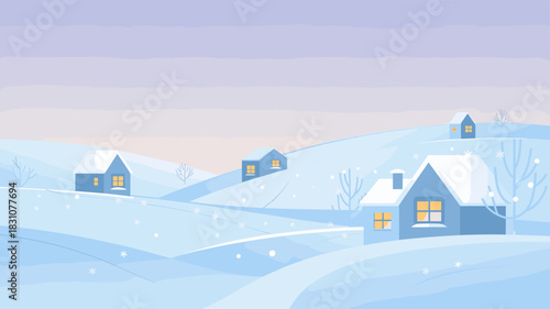 Winter landscape with a serene village nestled among snow-covered hills.