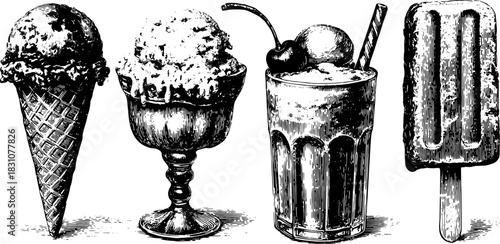 Ice cream desserts illustrated in vintage engraving style: cone, sundae, drink, and popsicle. Detailed vector illustration set.