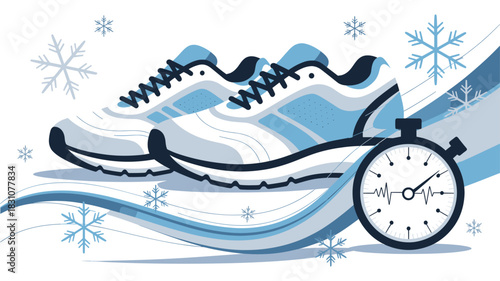 Pair of running shoes alongside a stopwatch during winter season.