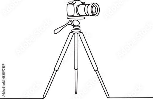 Continuous Line Art Illustration of Tripod with Mounted Camera