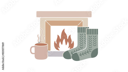 A cozy scene featuring a fireplace, a cup of tea, and socks.