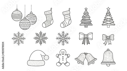 Festive Holiday Icons: A collection of meticulously crafted, festive icons of Christmas elements, each drawn with intricate details that bring to life the magic of the holiday season.