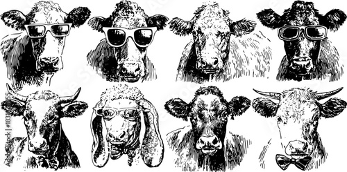 Set of engraved illustrations featuring cows with glasses and a sheep. Vintage black outline vector illustration highlighting various animal heads.