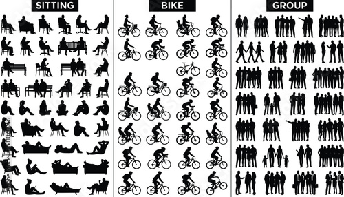 Silhouette collection of people sitting on chairs, benches, and the ground; riding bicycles; and standing in large groups for architectural plans, illustrations, and design concepts.
