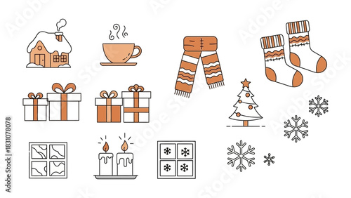 Winter Wonderland Illustration: A collection of winter season icons, from cozy houses and warm drinks to gift boxes and twinkling candles, creating a delightful holiday themed scene.
