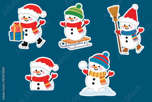 A cute set of stickers featuring snowmen in various poses. Flat style, bright yet soft colors.eps