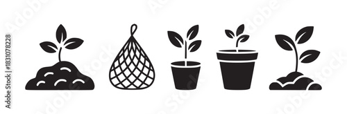 A set of black silhouette icons depicting plants growing in soil and pots with a net bag icon too