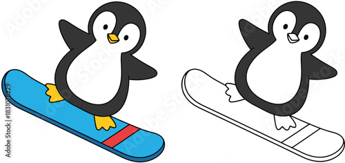Cute cartoon penguin snowboarding vector illustration set featuring a colorful character and black and white line art outline for coloring book page or mascot design