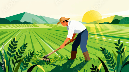 This vibrant flat-style illustration depicts a farmer using a rake to tend to crops in a sunlit, golden field, with a rustic house and rolling hills forming the peaceful rural backdrop.