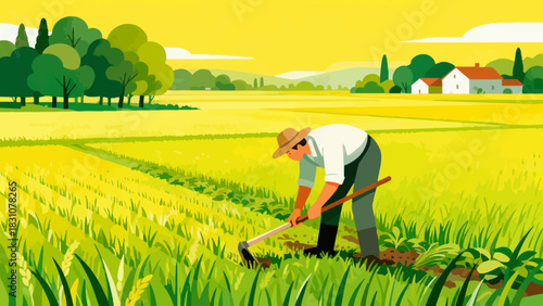 This vibrant flat-style illustration depicts a farmer using a rake to tend to crops in a sunlit, golden field, with a rustic house and rolling hills forming the peaceful rural backdrop.