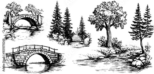 Bridges over rivers and streams in a black and white set of nature illustrations, featuring trees and stones in vector style.
