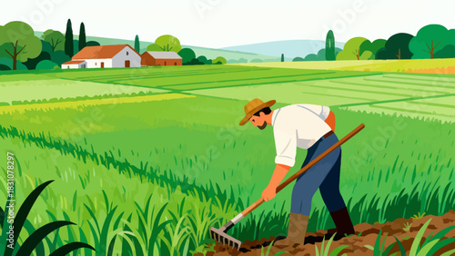 This vibrant flat-style illustration depicts a farmer using a rake to tend to crops in a sunlit, golden field, with a rustic house and rolling hills forming the peaceful rural backdrop.