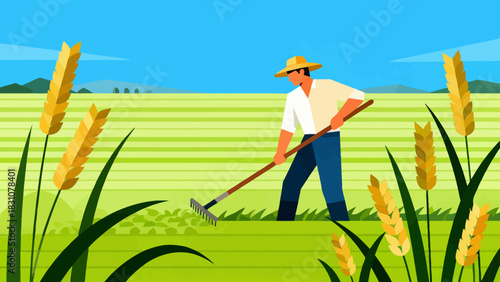 This vibrant flat-style illustration depicts a farmer using a rake to tend to crops in a sunlit, golden field, with a rustic house and rolling hills forming the peaceful rural backdrop.