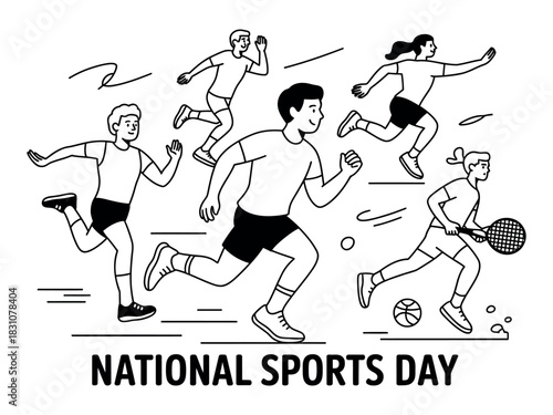 Line art illustration of people running and playing sports for sports day