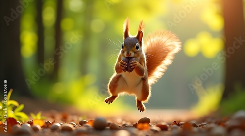 A squirrel mid-jump holding a mouthful of nuts