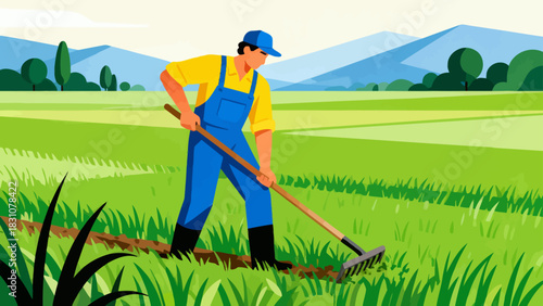 This vibrant flat-style illustration depicts a farmer using a rake to tend to crops in a sunlit, golden field, with a rustic house and rolling hills forming the peaceful rural backdrop.