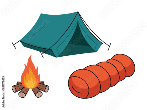 A cartoon illustration showing a tent campfire and sleeping bag on white