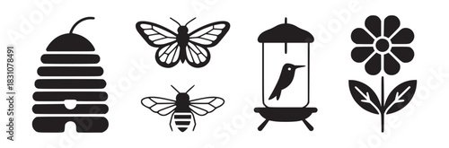 A black and white illustration of a beehive, butterflies, bee, bird feeder, and a flower design