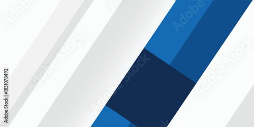 White modern abstract wide banner with blue line and geometric shapes. White and blue abstract background. Vector illustration