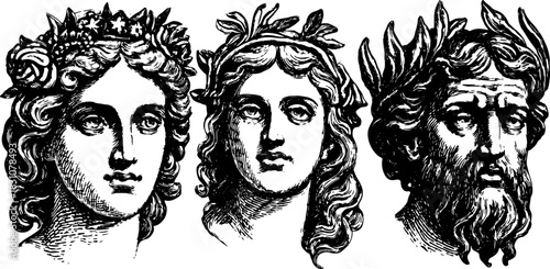 Gods and deities in ancient mythology illustrated in black and white. These detailed vector illustrations represent classical rulers and culture.