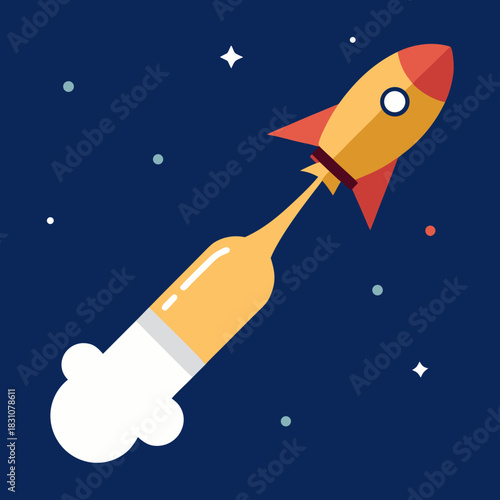 Cartoon rocket launching into space with stars and smoke trail