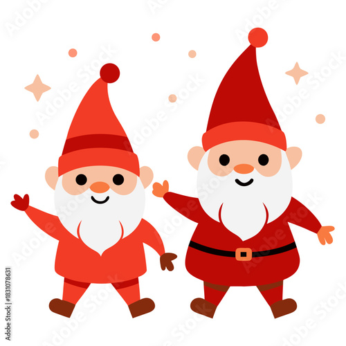 Two festive christmas gnomes in red hats and suits illustration