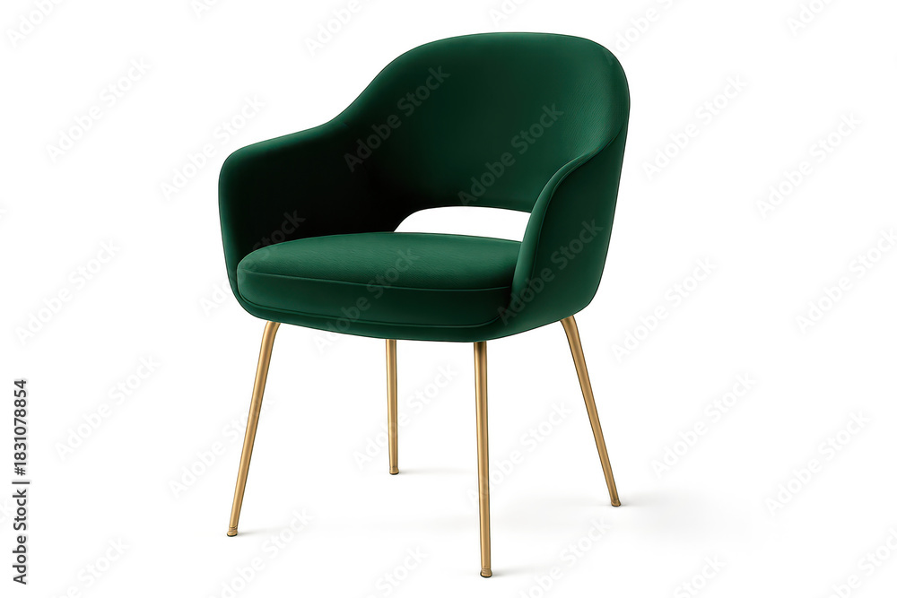 Fototapeta premium Chic green velvet armchair, golden legs, isolated on transparent background.