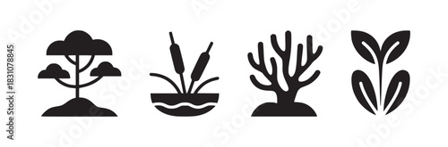 Four black and white nature icons including a tree cattails coral and a plant in a row isolated