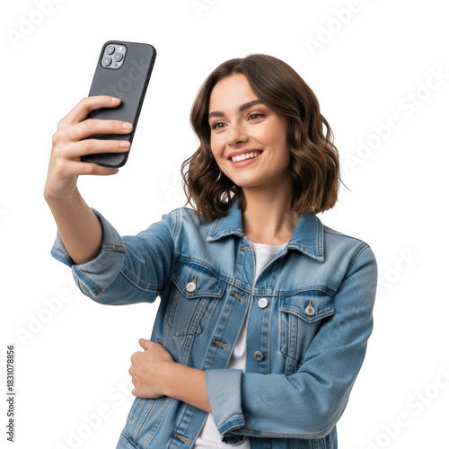 Young woman taking a selfie with a smartphone isolated on transparent background for social media and lifestyle content