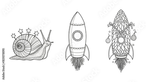 Snail and Rocketry: Whimsical illustrations depict a snail adorned with stars alongside two rockets, one classic and one ornamental.