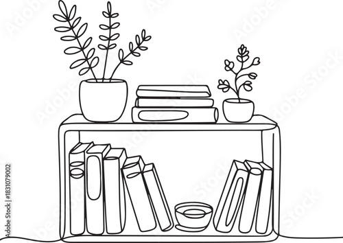 Continuous Line Art Illustration of Open Shelf with Books Vinyls and Small Greenery