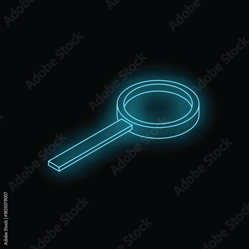 Glowing blue neon magnifying glass on a dark background representing concepts like research and investigation