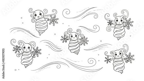 Whimsical Snowflakes Illustration: Charming illustration of adorable creatures gracefully cradling unique snowflakes, enhanced with flowing design elements.