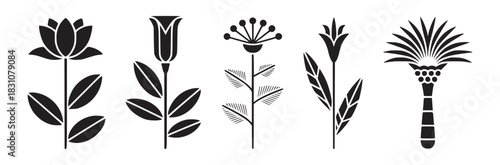 Five black and white stylized floral designs in a row with different flower and leaf shapes