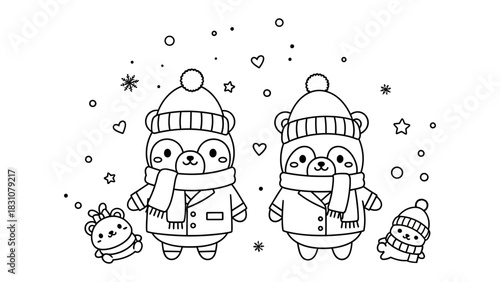 Winter Bears in Wonderland: A delightful illustration showcases a group of charming bears, donned in cozy winter attire, frolicking amidst a whimsical snowy scene. 