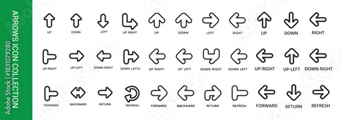 Arrows icon collection set, up down left right return forward backward refresh vector illustration
