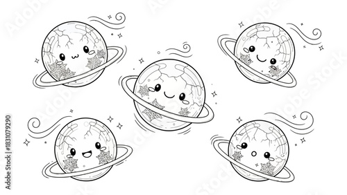Cosmic Friends: A collection of charming, cartoon planets with endearing expressions, floating amidst swirling nebulae, ready to bring smiles and inspire imagination.