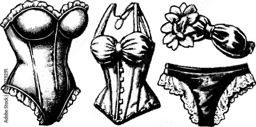 Vintage corset and lingerie set illustrations with detailed black outlines. This hand-drawn vector illustration highlights classic fashion elements.