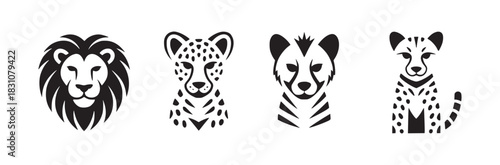 Black and white vector illustration of lion and cheetah heads in a row on a white background design