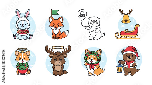 Holiday Animal Icons: An adorable collection of whimsical cartoon animal characters dressed in festive holiday attire, each with their own unique accessories.