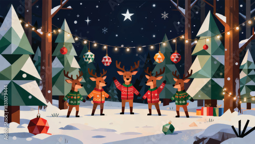 Illustration Of A Group Of Deer Wearing Warm Jackets Celebrating Christmas In The Middle Of The Forest Vector Design Template