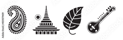 Four black and white icons showing a paisley design temple leaf and stringed instrument design elements