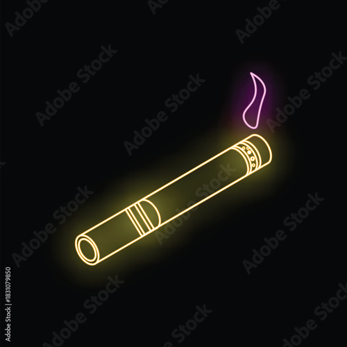 Yellow neon sign of a cigar burning with a purple flame on a black background